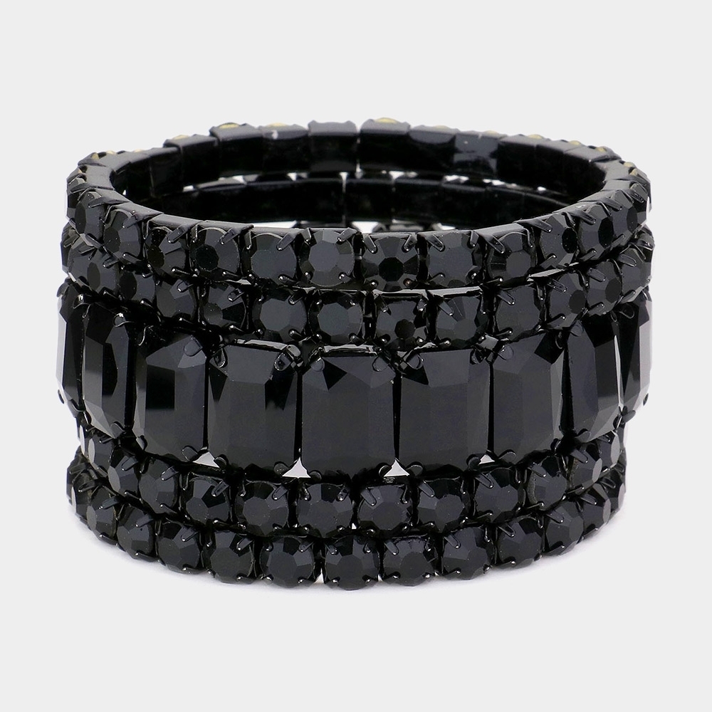Black Emerald Cut Crystal Wide Stretch Bracelet 5 Pcs Bling 1.75 Inches
